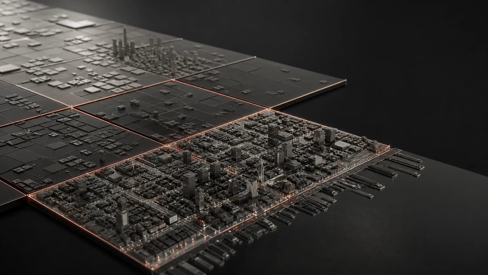 San Francisco represented as a dark architectural model divided into streamed city cells