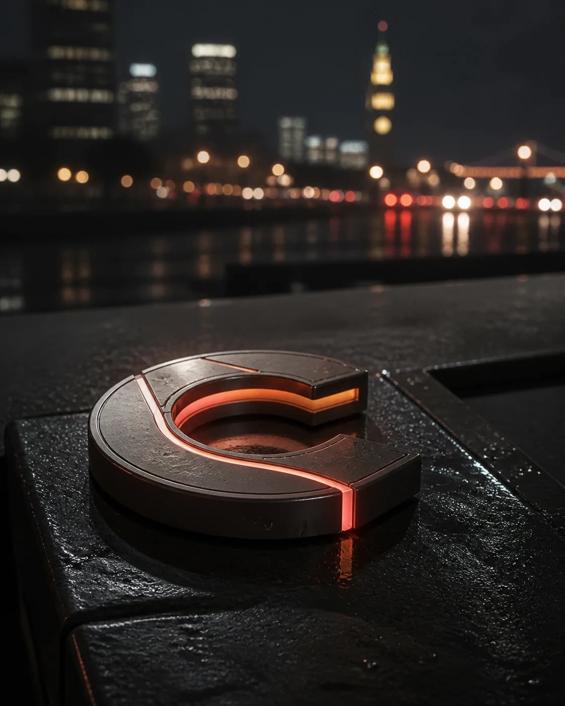 A brushed metal C-shaped access object on wet concrete in San Francisco at night