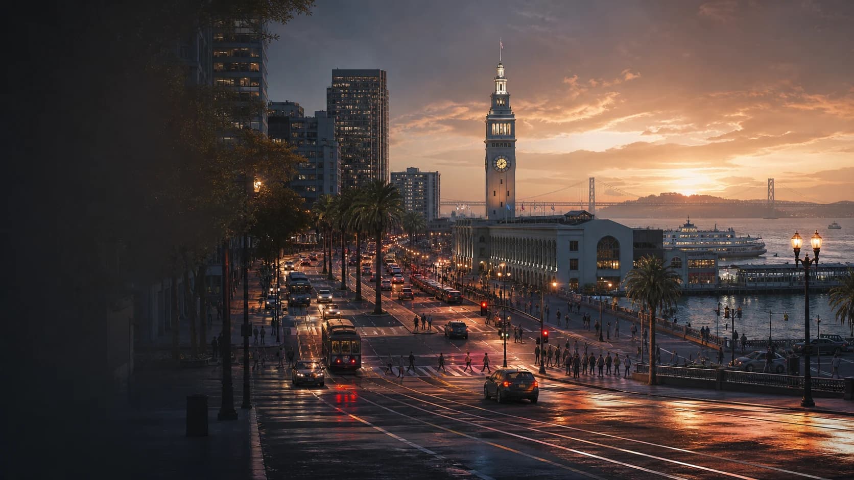 Campaign artwork of the Ferry Building and Embarcadero at golden hour with traffic, pedestrians, and Bay water