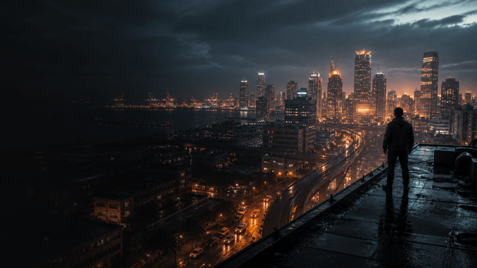 A cinematic aerial view across CALI toward the waterfront at golden hour