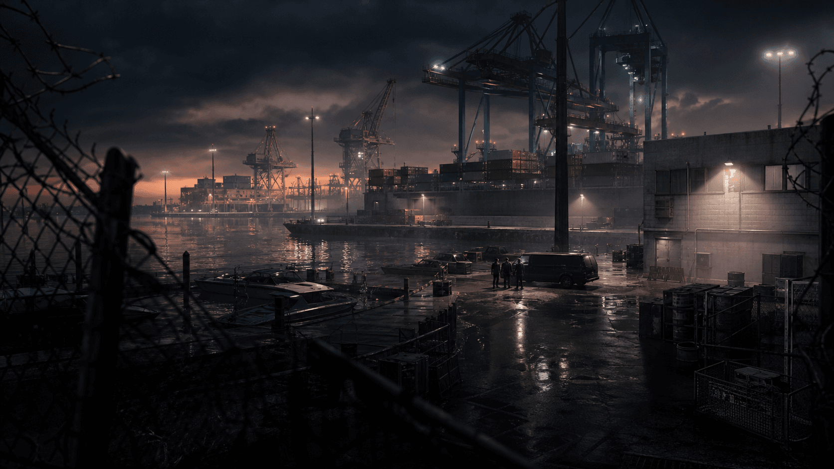 A cinematic CALI waterfront district with industrial docks and city lights