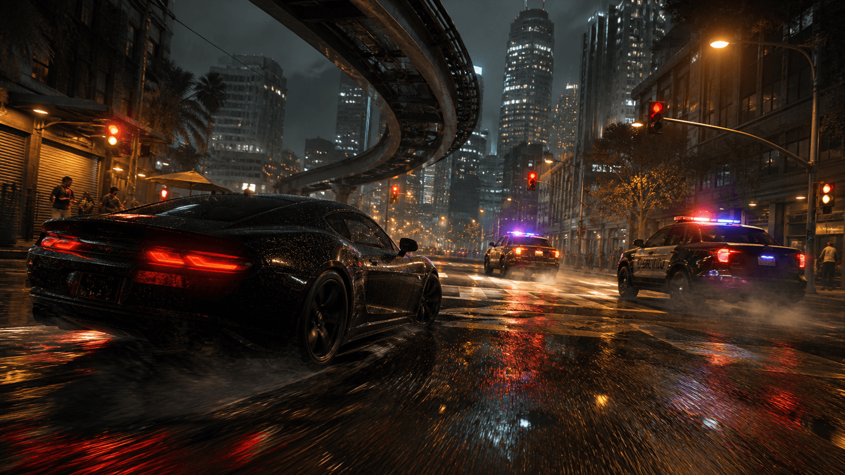 A high-speed police pursuit through a rain-wet CALI street at night