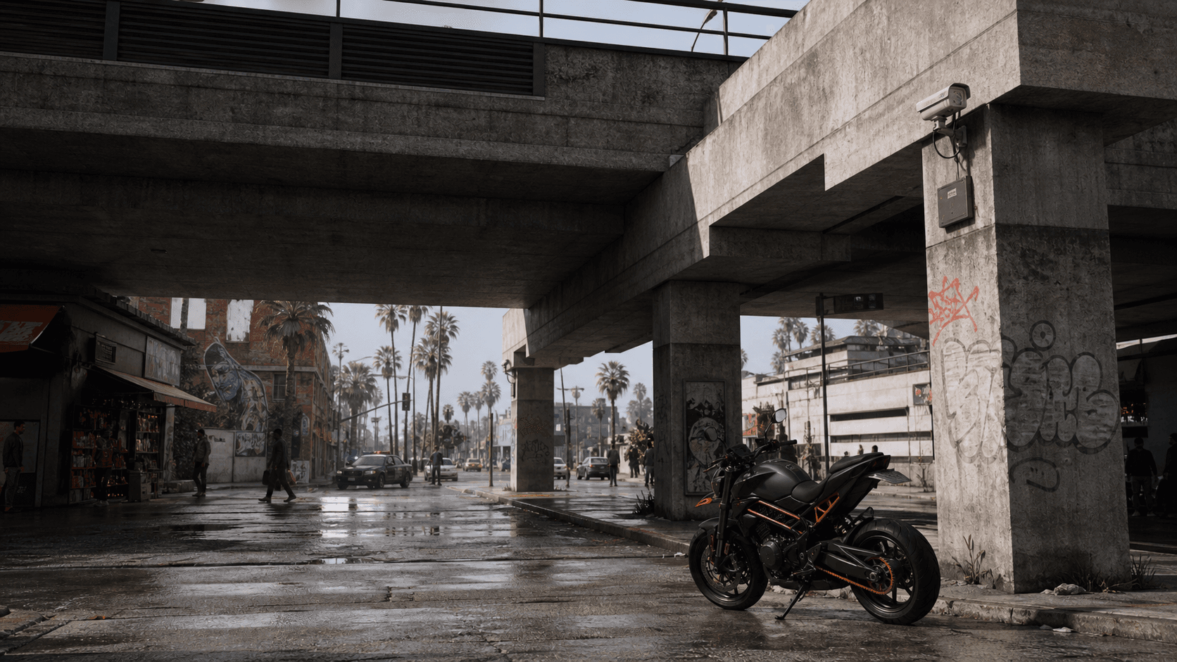 A motorcycle waiting beneath a concrete overpass in a rain-wet CALI neighborhood